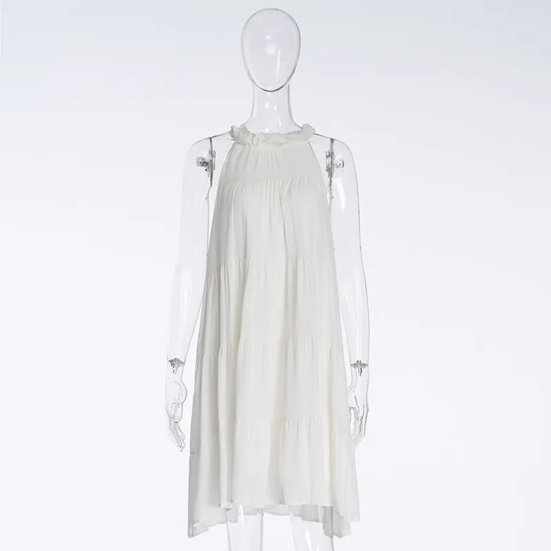 French Resort Style Sleeveless Off-shoulder Cake Dress White Bow Halter Neck Dress